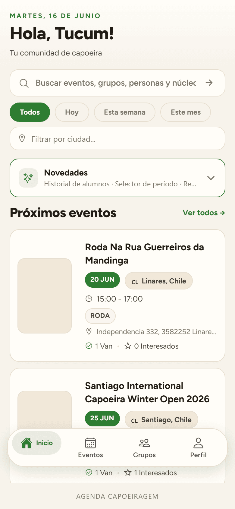 Agenda Capoeiragem app home screen